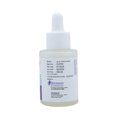 Flat lay of Rejumax retinol serum bottle with green leaves, blue textured background, emphasizing natural skincare