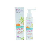 Close-up of white pump dispenser on sunscreen bottle with beach scene design, labeled 'Sunwrap-M' broad-spectrum SPF 50, SKU: 28