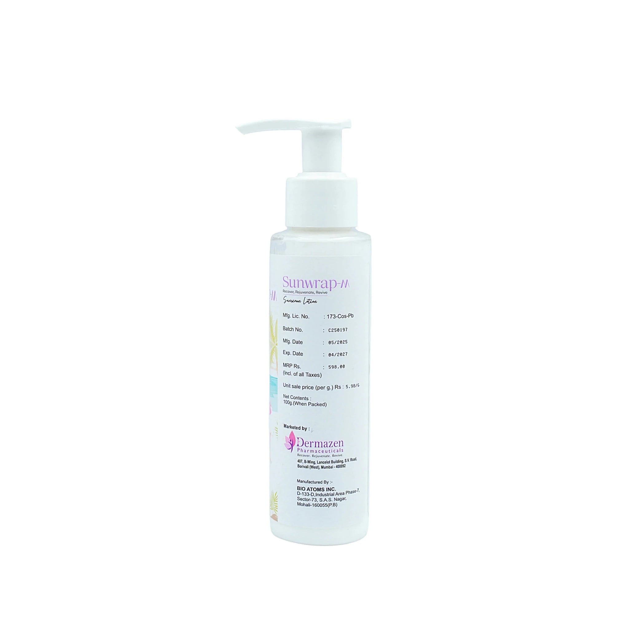 Back view of sunscreen lotion bottle with detailed ingredients list, white pump dispenser, beach-themed packaging, SKU: 28