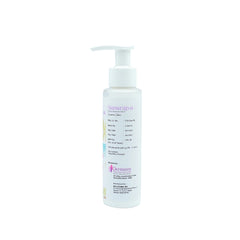 Back view of sunscreen lotion bottle with detailed ingredients list, white pump dispenser, beach-themed packaging, SKU: 28