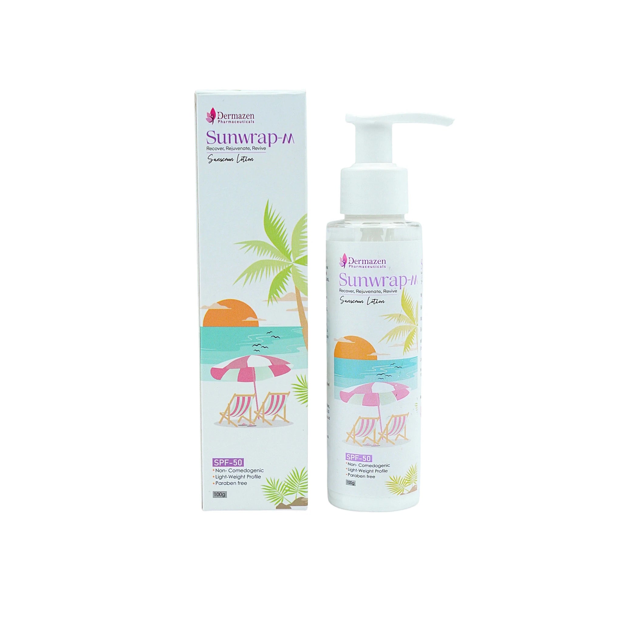 Close-up of white pump dispenser on sunscreen bottle with beach scene design, labeled 'Sunwrap-M' broad-spectrum SPF 50, SKU: 28